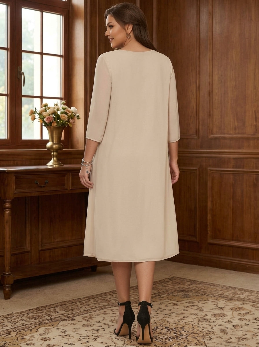 Sheath Column V Neck Long Sleeves Tea Length Plus Size Mother Of The Bride Dresses With Jacket Sequins Beading