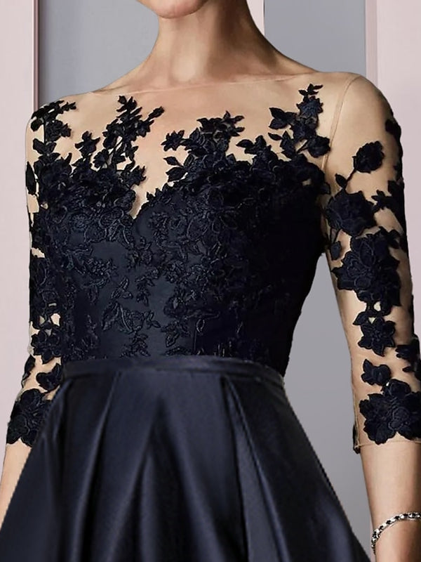 A Line Princess Illusion Neck Asymmetrical Tea Length Tea Length Mother Of The Bride Dresses