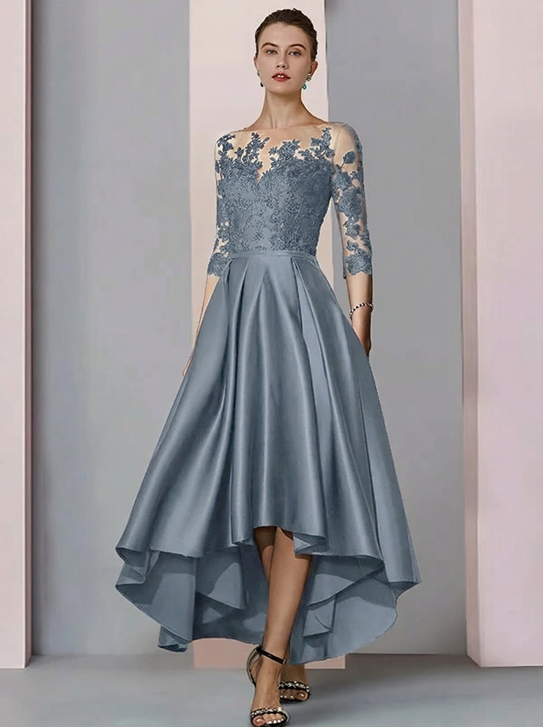 A Line Princess Illusion Neck Asymmetrical Tea Length Tea Length Mother Of The Bride Dresses