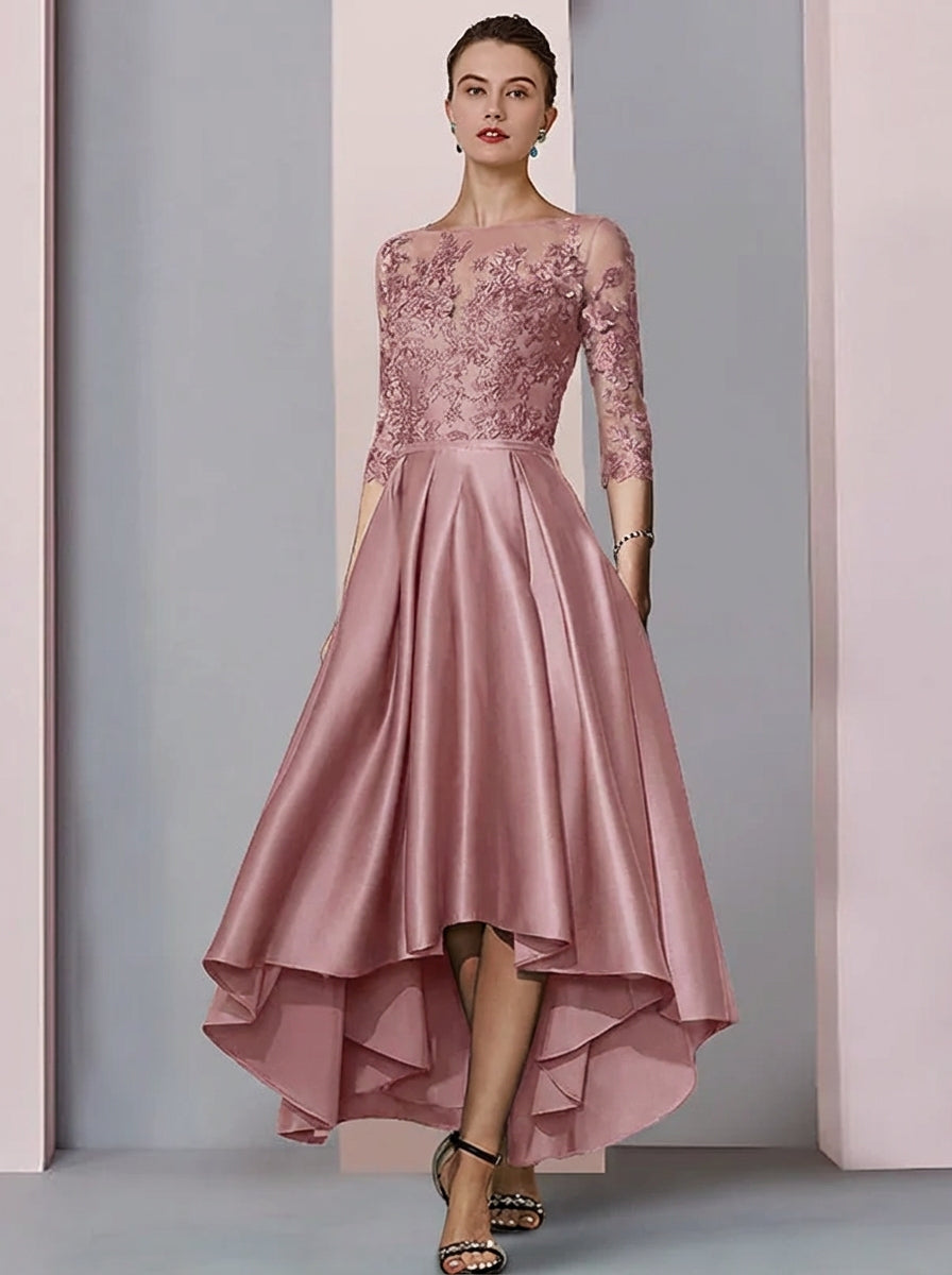 A Line Princess Illusion Neck Asymmetrical Tea Length Tea Length Mother Of The Bride Dresses