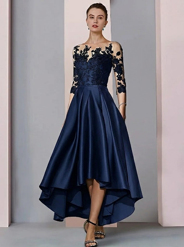 A Line Princess Illusion Neck Asymmetrical Tea Length Tea Length Mother Of The Bride Dresses