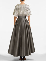 A Line Princess V Neck Half Sleeves Asymmetrical Mother Of The Bride Dresses