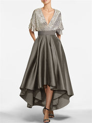 A Line Princess V Neck Half Sleeves Asymmetrical Mother Of The Bride Dresses