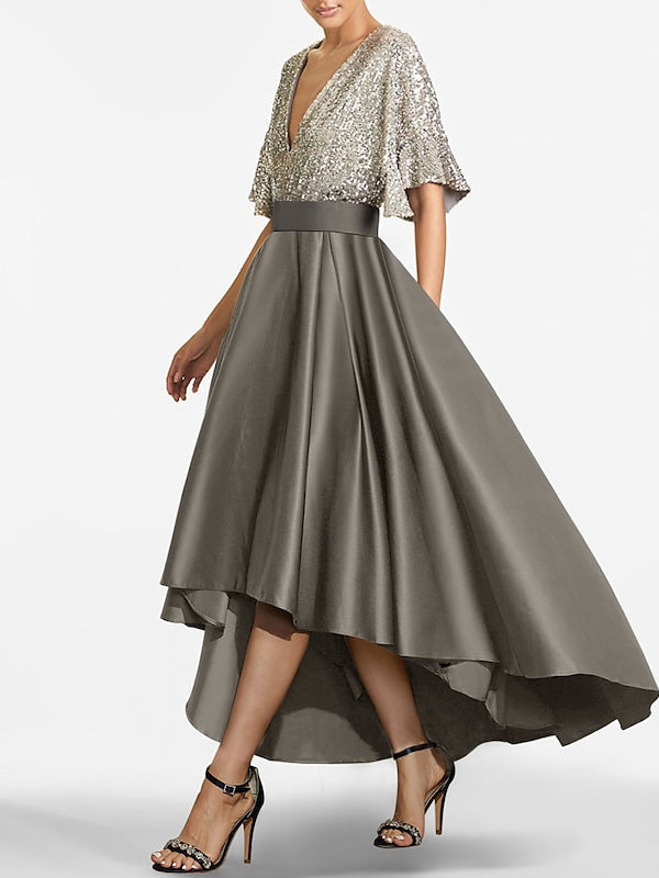 A Line Princess V Neck Half Sleeves Asymmetrical Mother Of The Bride Dresses