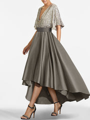 A Line Princess V Neck Half Sleeves Asymmetrical Mother Of The Bride Dresses