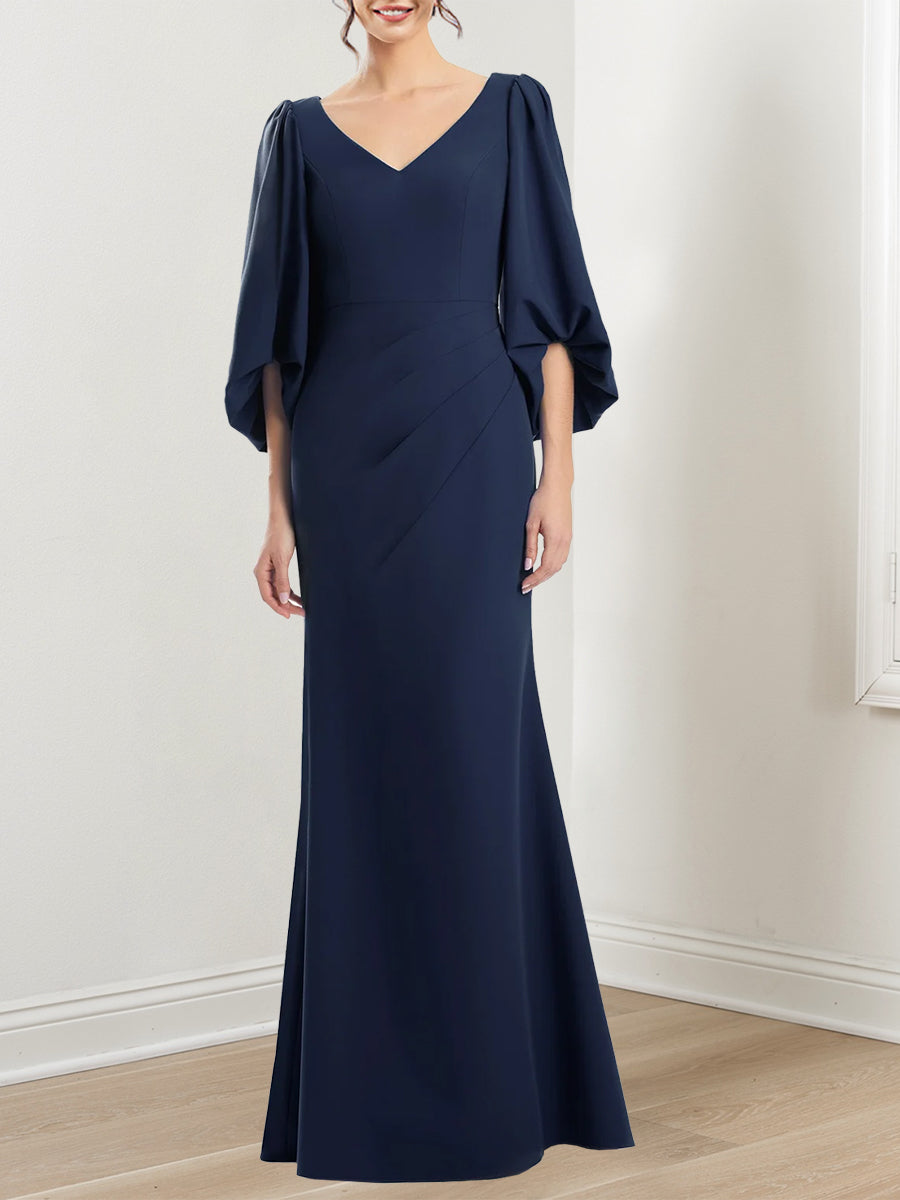 Trumpet Mermaid V Neck 3 4 Sleeves Mother Of The Bride Dresses With Ruffles