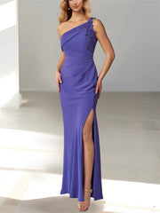Sheath Column Sleeveless One Shoulder Floor Length Mother Of The Bride Dresses With Beaded