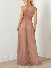 A Line Princess Plunging V Metallic Halter Floor Length Mother Of The Bride Dresses