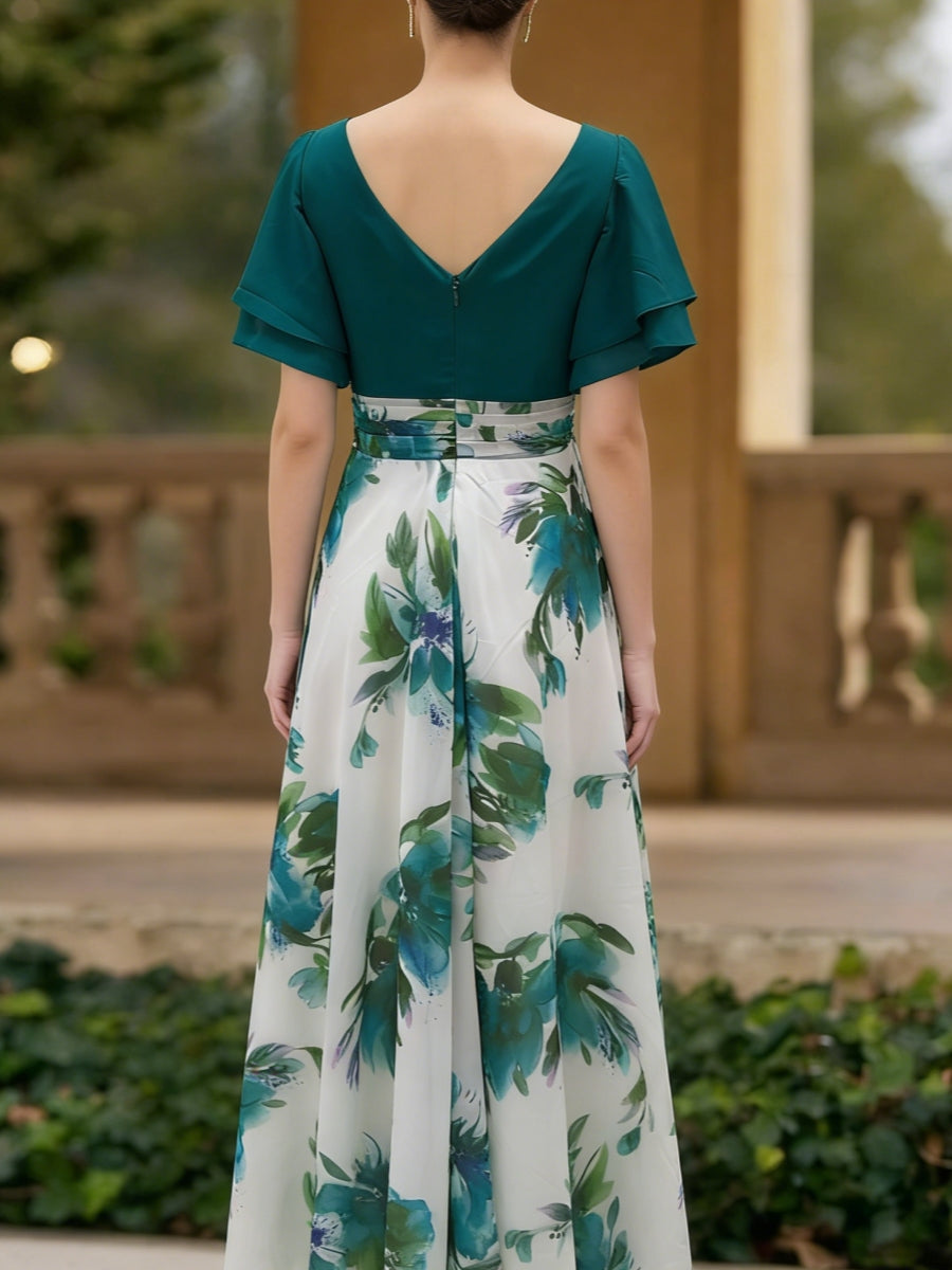 A Line Princess V Neck Short Sleeve Floral Ankle Length Mother Of The Bride Dresses