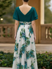 A Line Princess V Neck Short Sleeve Floral Ankle Length Mother Of The Bride Dresses
