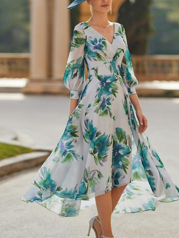 A Line Princess V Neck 3 4 Sleeve Floral Asymmetrical Mother Of The Bride Dresses