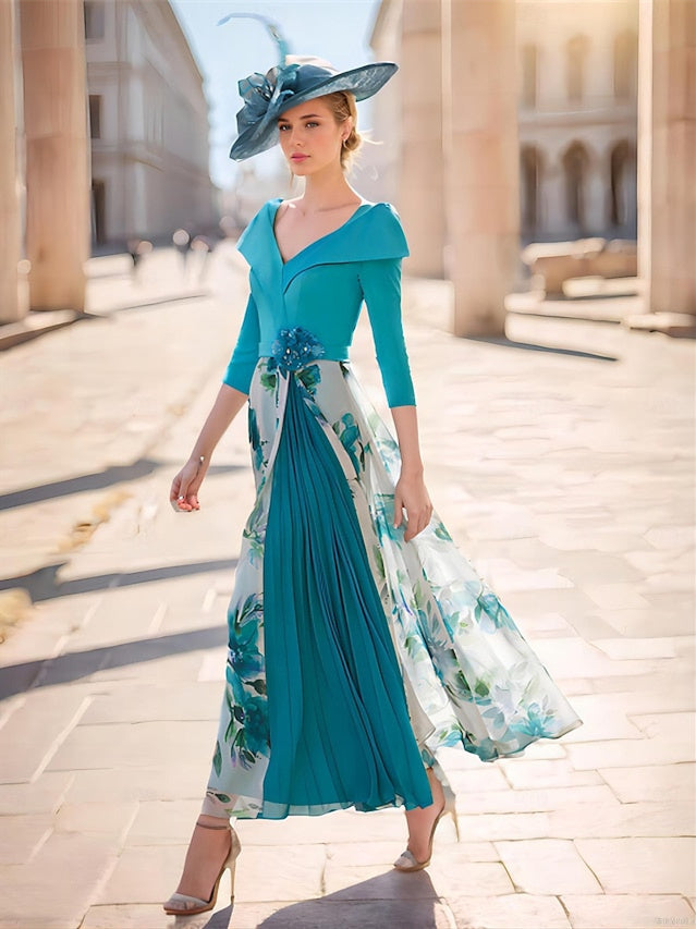 A Line Princess V Neck 3 4 Sleeve Floral Ankle Length Mother Of The Bride Dresses