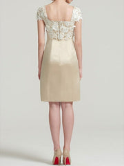 Sheath Column Square Neck Knee Length Satin Lace Short Sleeve Mother Of The Bride Dress With Pleats Appliques