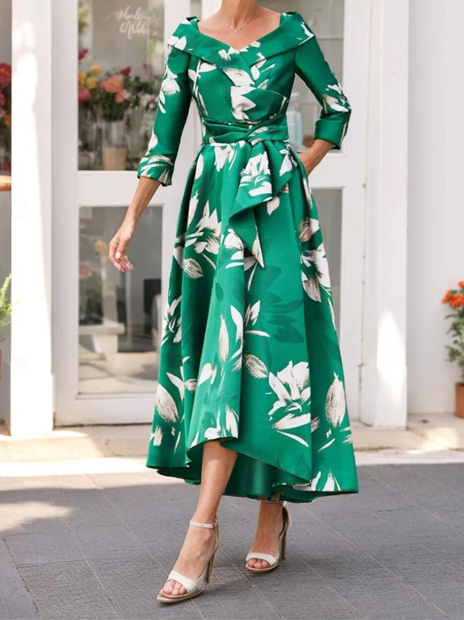 A Line V Neck 3 4 Sleeve Tea Length Mother Of The Bride Dresses With Sash Ribbon