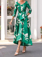 A Line V Neck 3 4 Sleeve Tea Length Mother Of The Bride Dresses With Sash Ribbon