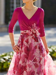 A Line Princess V Neck 3 4 Sleeves Floral Mother Of The Bride Dresses