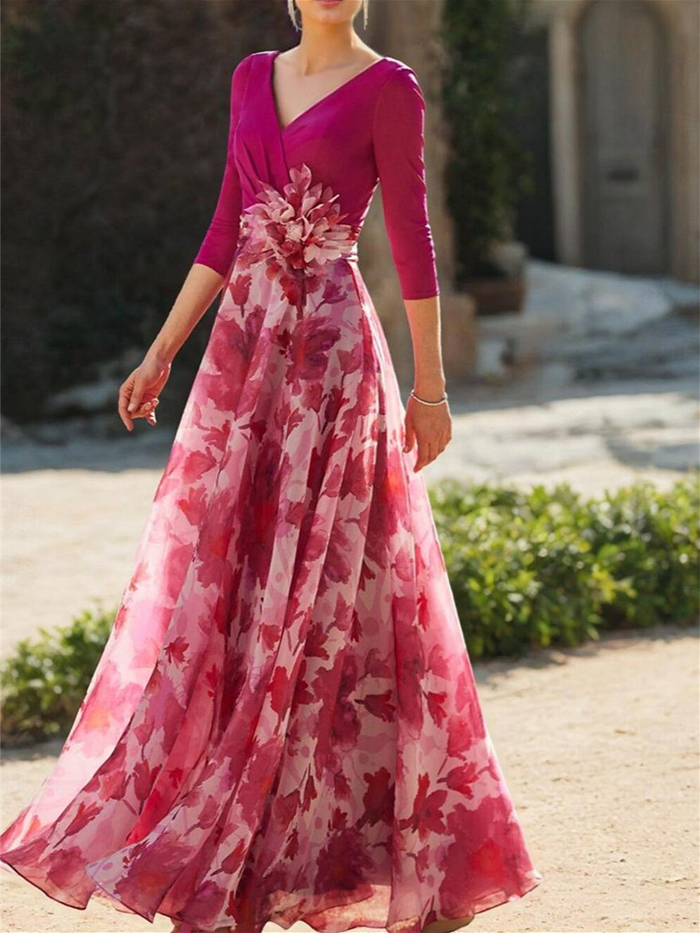 A Line Princess V Neck 3 4 Sleeves Floral Mother Of The Bride Dresses