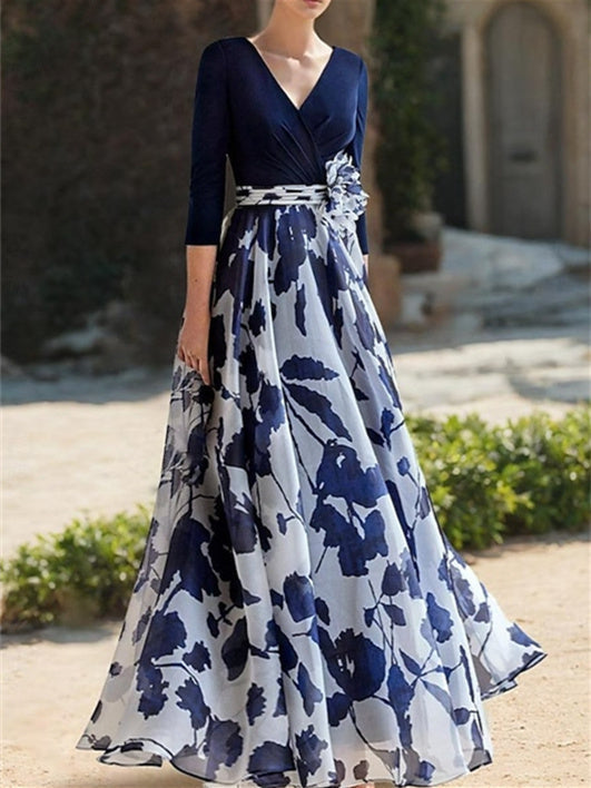 A Line Princess V Neck 3 4 Sleeves Floral Mother Of The Bride Dresses