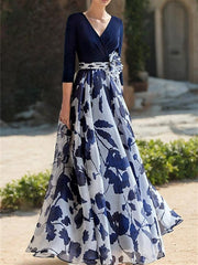 A Line Princess V Neck 3 4 Sleeves Floral Mother Of The Bride Dresses