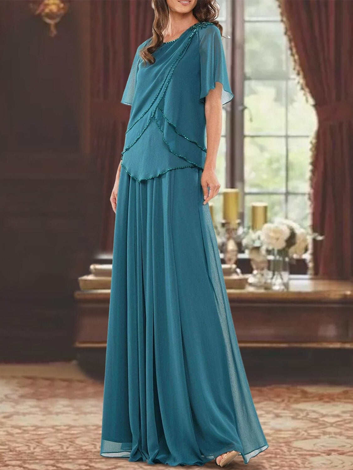 A Line Princess Jewel Neck Short Sleeves Floor Length Mother Of The Bride Dress With Pleats Beading