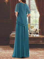 A Line Princess Jewel Neck Short Sleeves Floor Length Mother Of The Bride Dress With Pleats Beading