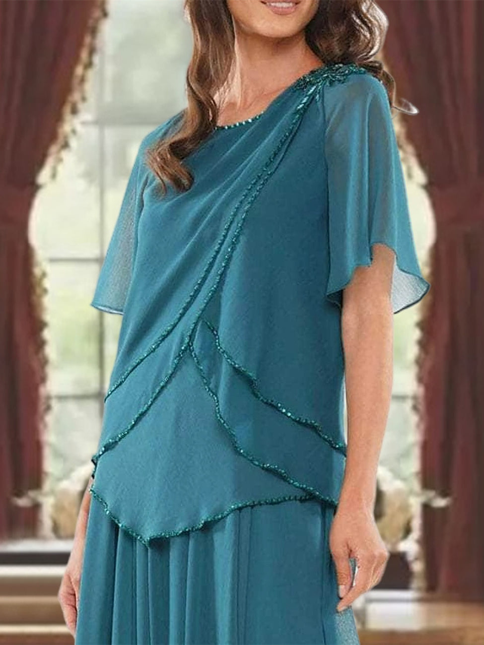 A Line Princess Jewel Neck Short Sleeves Floor Length Mother Of The Bride Dress With Pleats Beading
