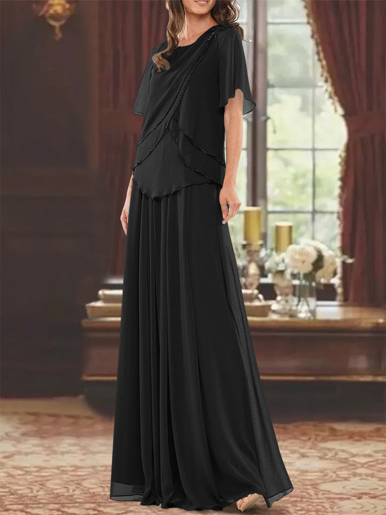 A Line Princess Jewel Neck Short Sleeves Floor Length Mother Of The Bride Dress With Pleats Beading