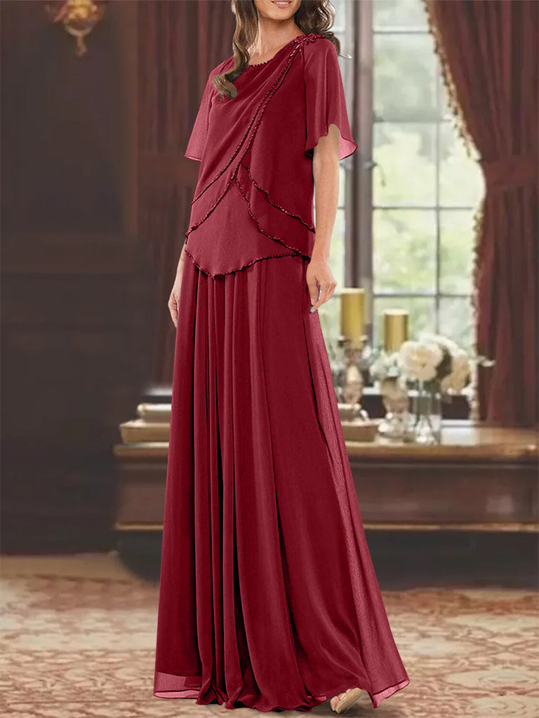 A Line Princess Jewel Neck Short Sleeves Floor Length Mother Of The Bride Dress With Pleats Beading