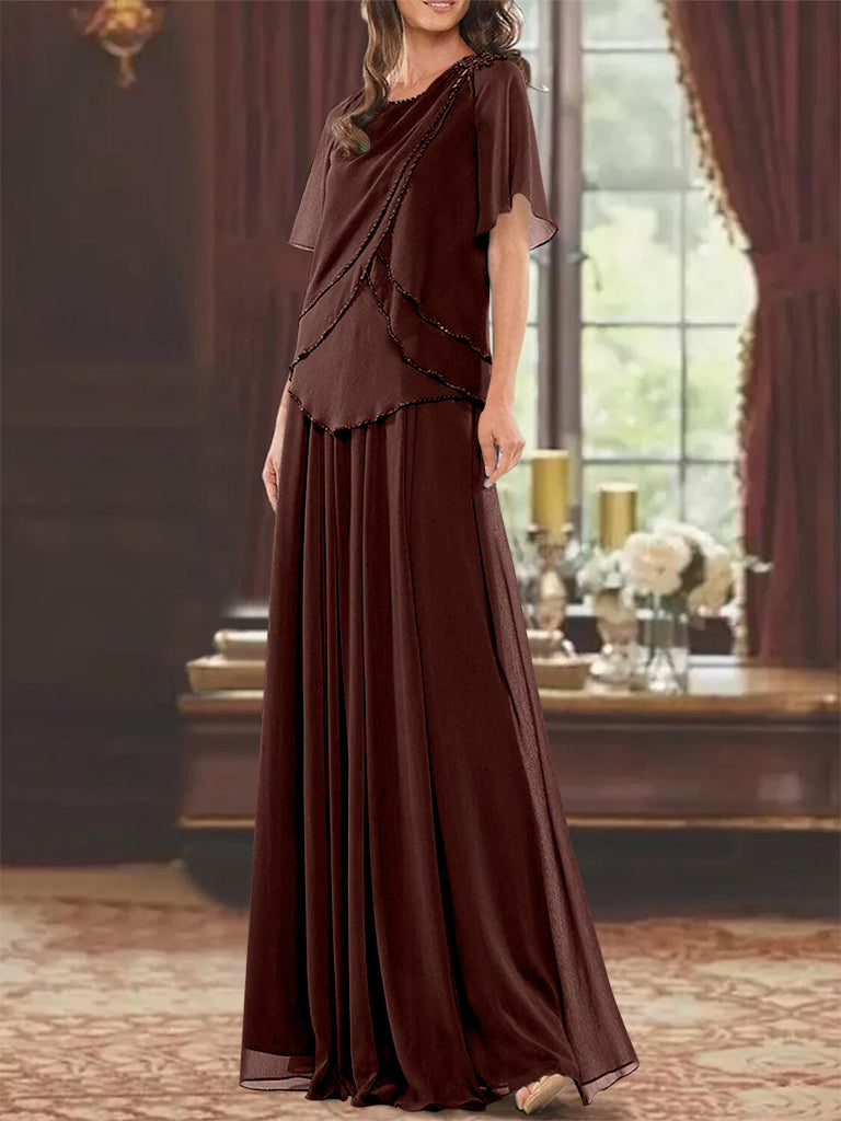 A Line Princess Jewel Neck Short Sleeves Floor Length Mother Of The Bride Dress With Pleats Beading