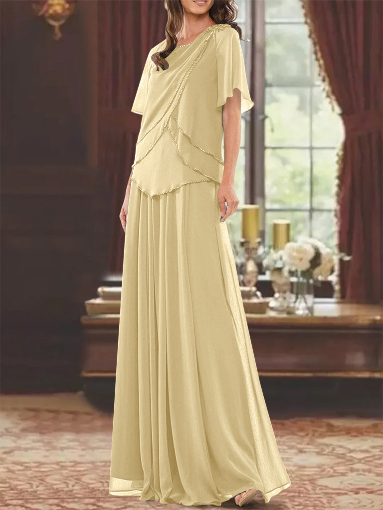 A Line Princess Jewel Neck Short Sleeves Floor Length Mother Of The Bride Dress With Pleats Beading