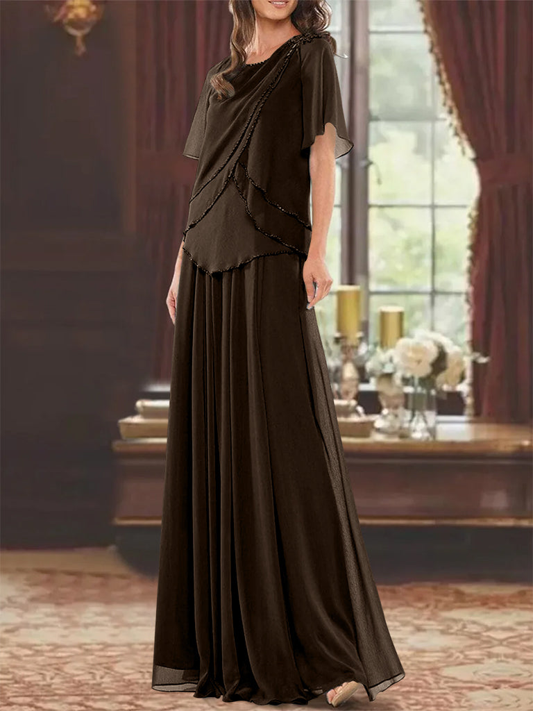A Line Princess Jewel Neck Short Sleeves Floor Length Mother Of The Bride Dress With Pleats Beading