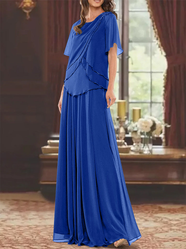 A Line Princess Jewel Neck Short Sleeves Floor Length Mother Of The Bride Dress With Pleats Beading