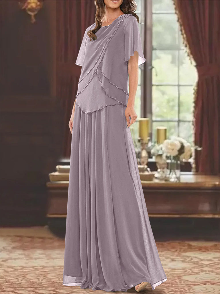 A Line Princess Jewel Neck Short Sleeves Floor Length Mother Of The Bride Dress With Pleats Beading