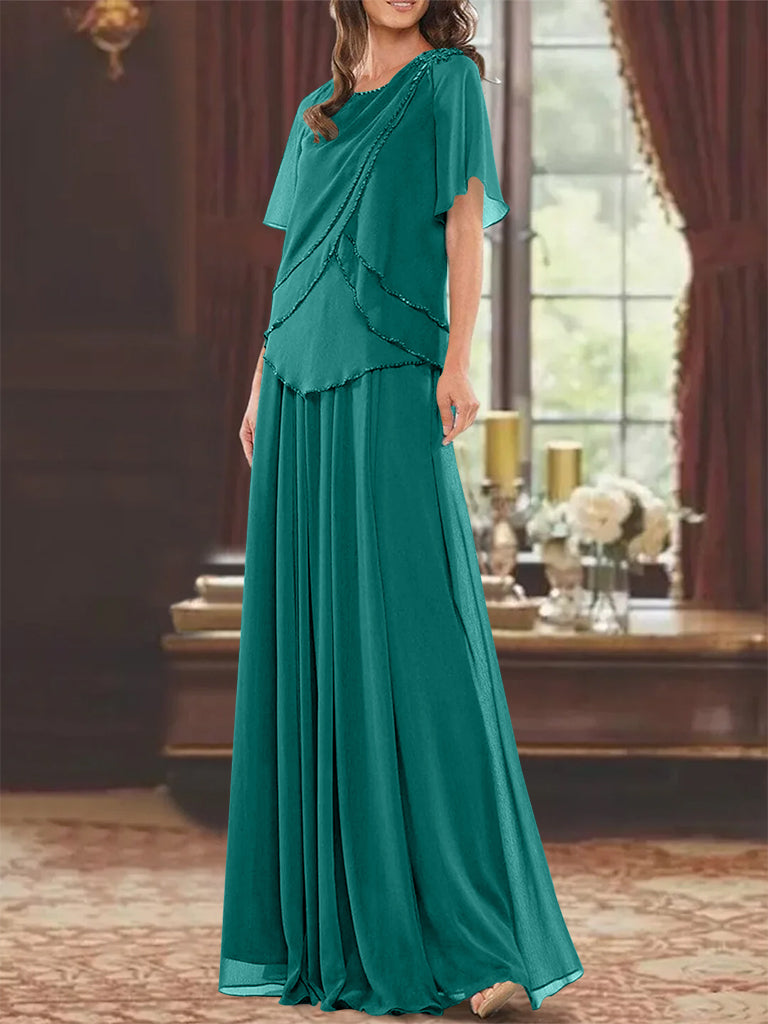A Line Princess Jewel Neck Short Sleeves Floor Length Mother Of The Bride Dress With Pleats Beading