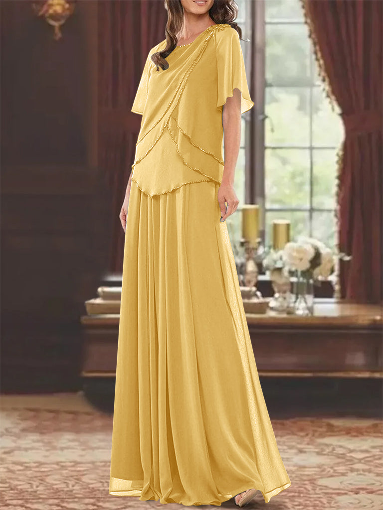 A Line Princess Jewel Neck Short Sleeves Floor Length Mother Of The Bride Dress With Pleats Beading