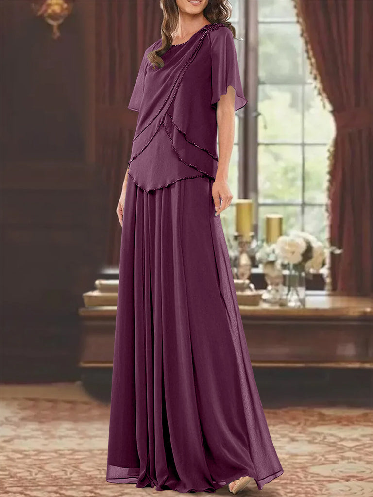 A Line Princess Jewel Neck Short Sleeves Floor Length Mother Of The Bride Dress With Pleats Beading