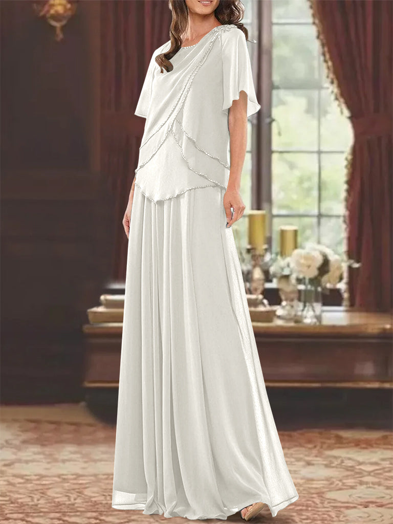 A Line Princess Jewel Neck Short Sleeves Floor Length Mother Of The Bride Dress With Pleats Beading