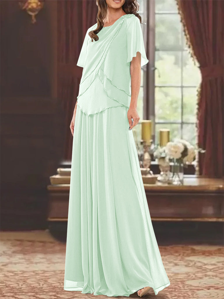 A Line Princess Jewel Neck Short Sleeves Floor Length Mother Of The Bride Dress With Pleats Beading