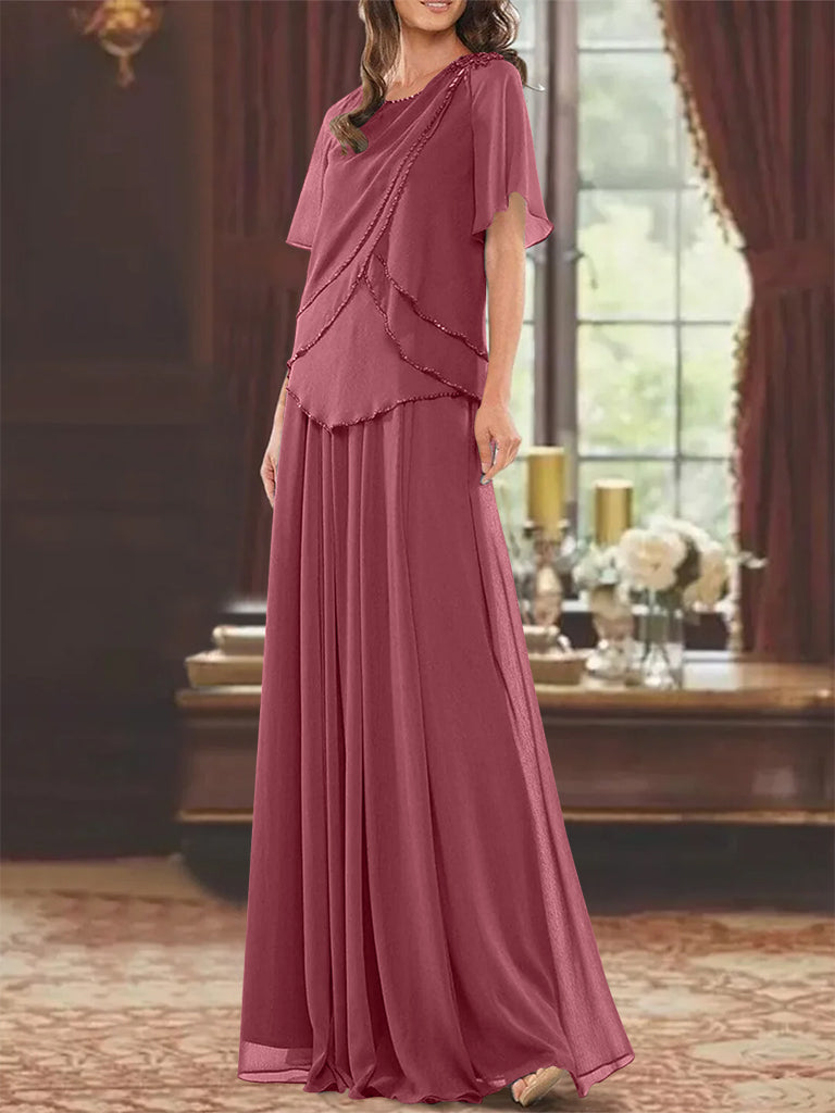 A Line Princess Jewel Neck Short Sleeves Floor Length Mother Of The Bride Dress With Pleats Beading