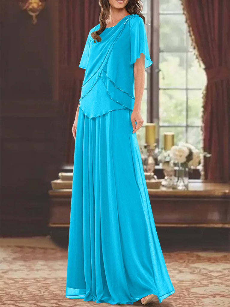 A Line Princess Jewel Neck Short Sleeves Floor Length Mother Of The Bride Dress With Pleats Beading