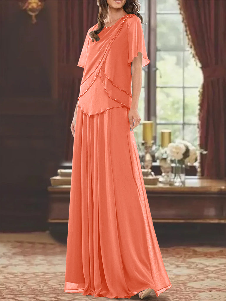 A Line Princess Jewel Neck Short Sleeves Floor Length Mother Of The Bride Dress With Pleats Beading