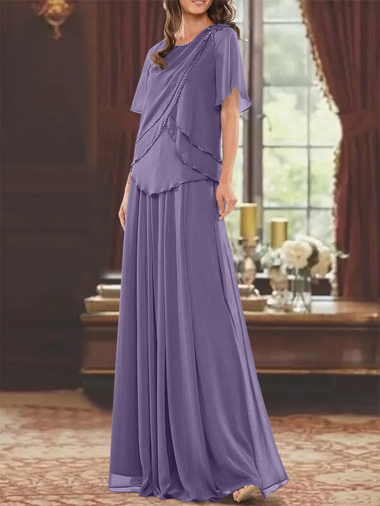 A Line Princess Jewel Neck Short Sleeves Floor Length Mother Of The Bride Dress With Pleats Beading