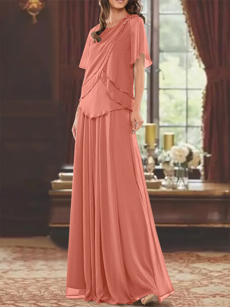 A Line Princess Jewel Neck Short Sleeves Floor Length Mother Of The Bride Dress With Pleats Beading
