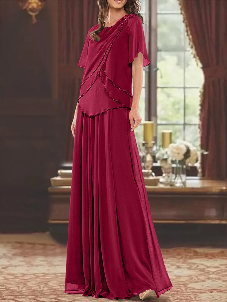 A Line Princess Jewel Neck Short Sleeves Floor Length Mother Of The Bride Dress With Pleats Beading