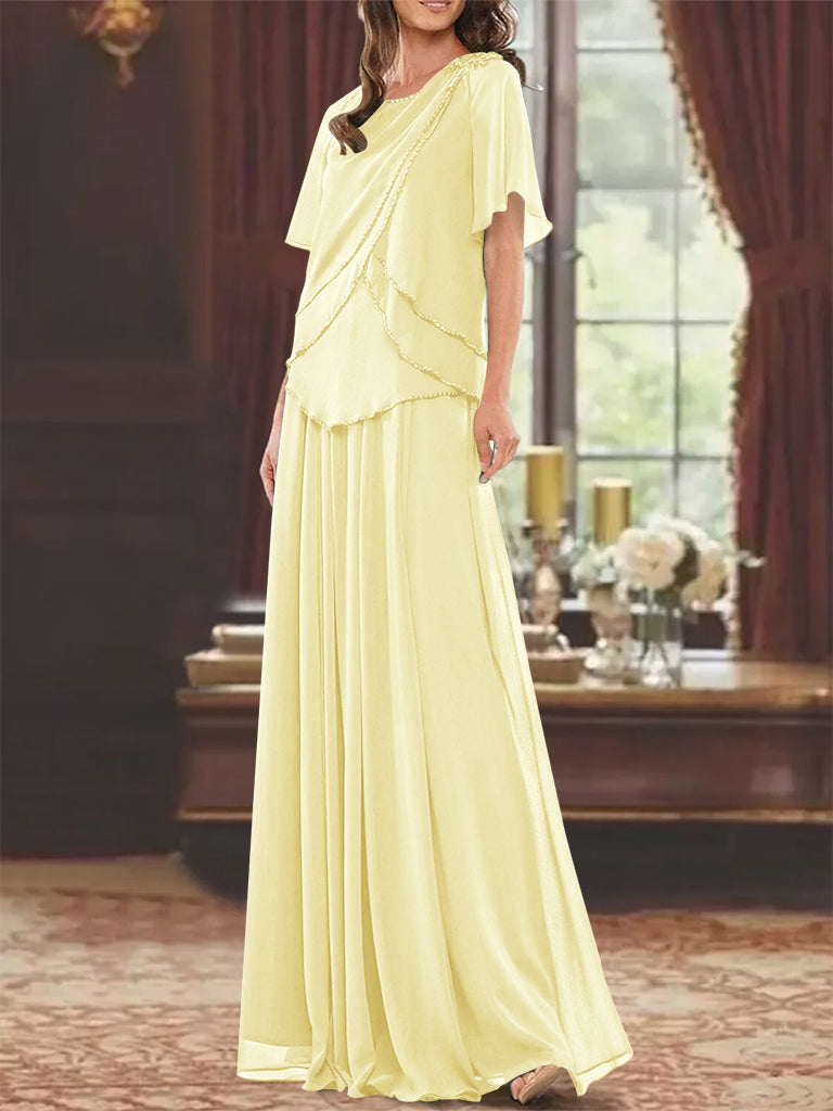 A Line Princess Jewel Neck Short Sleeves Floor Length Mother Of The Bride Dress With Pleats Beading