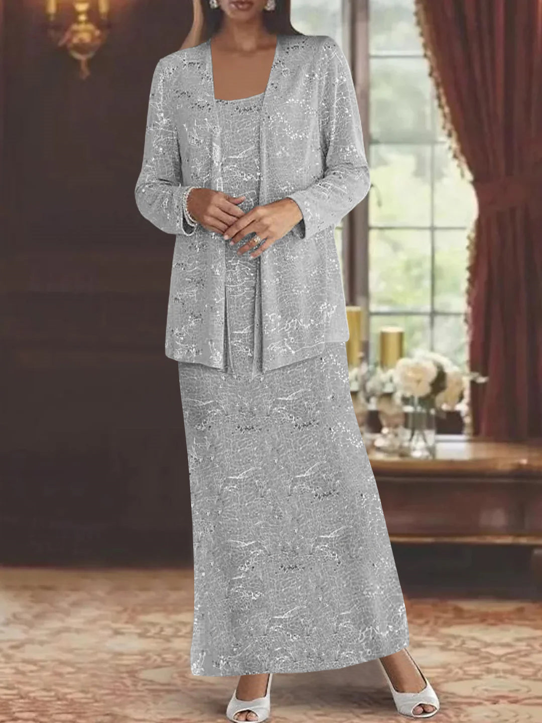 Chiffon Scoop Ankle Length Mother Of The Bride Dresses With Sequins Jacket