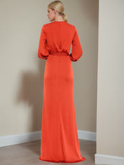 A Line Princess V Neck Long Sleeves Floor Length Mother Of The Bride Dresses With Ruffles