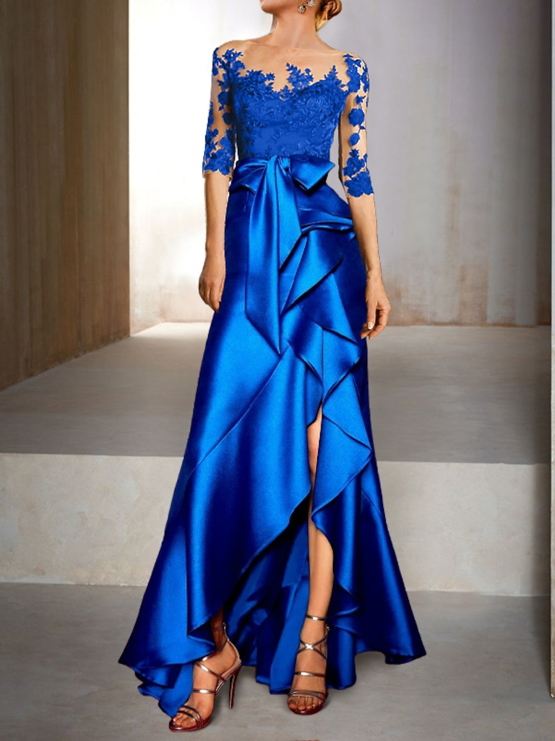 Mermaid Trumpet Jewel Neck Half Sleeves Floor Length Mother Of The Bride Dresses With Appliques Bow S