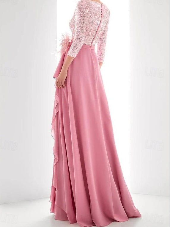 A Line Princess Jewel Neck Long Sleeves Asymmetrical Mother Of The Bride Dresses With Sequin Feather Pearls