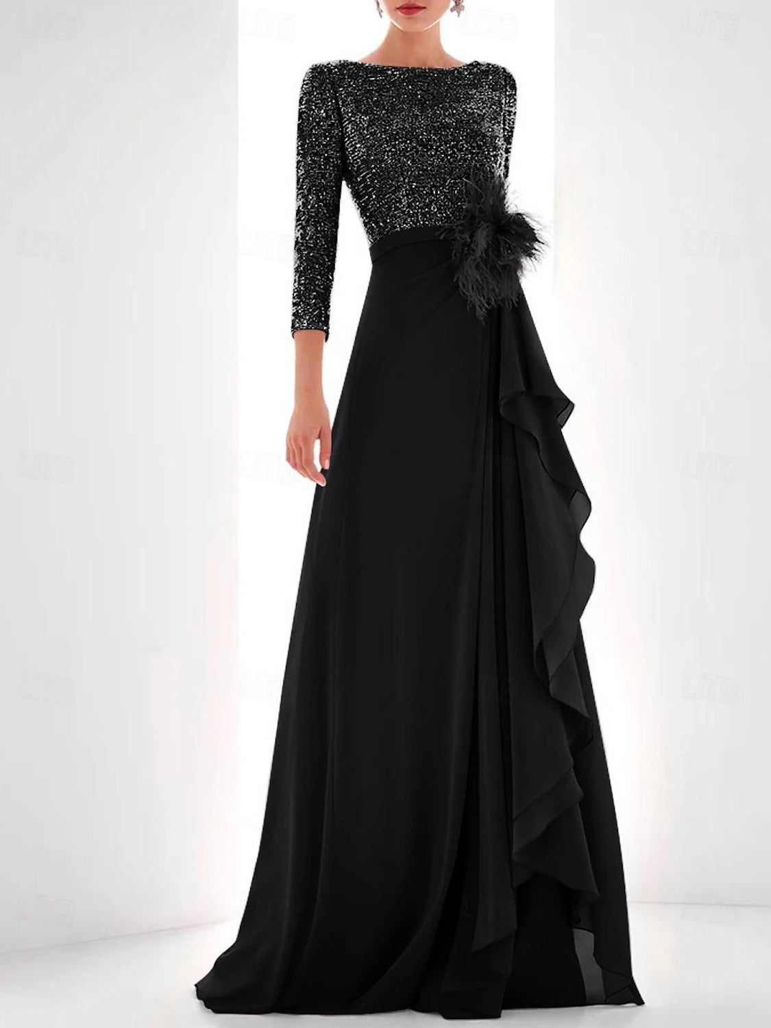 A Line Princess Jewel Neck Long Sleeves Asymmetrical Mother Of The Bride Dresses With Sequin Feather Pearls